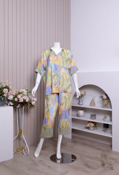 Zoraya Zareen Set Jumbo Setelan Wanita Piyama Celana Panjang OneSet Tangan Pendek Pajamas Terbaru Kekinian Baju Kancing